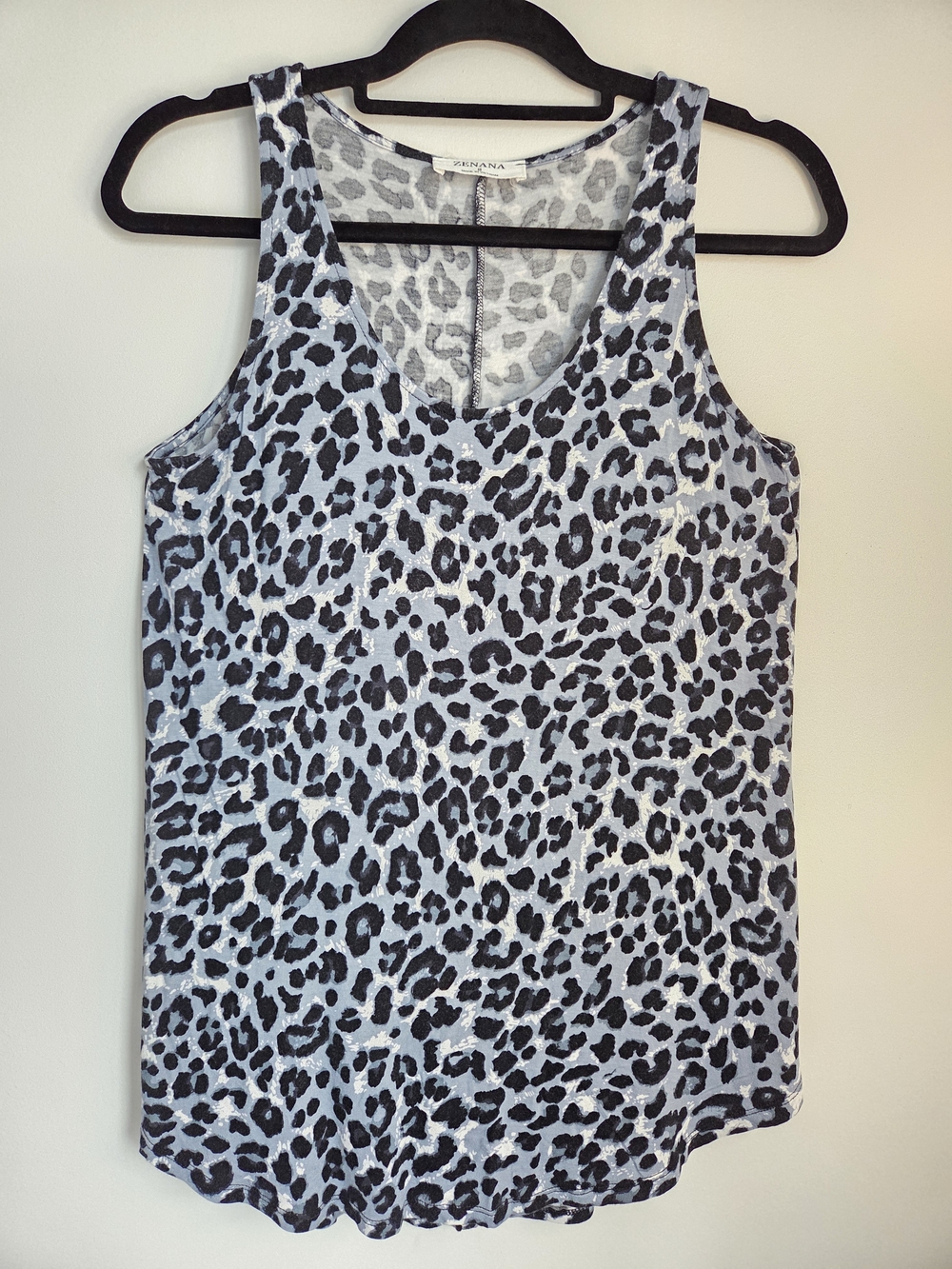 Zenana Gray Leopard Print Tank Size S Curved Hem Relaxed Fit Rayon Blend